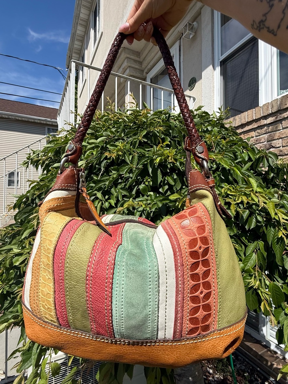 Fossil Patchwork Leather Hobo Bag Boho Y2K Shoulder Purse Multicolor Suede - Picture 5 of 8
